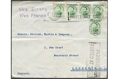 10 cts. (5) på brev fra Las Palmas annulleret med britisk skibsstempel Plymouth / Paquebot posted at sea d. 8.3.1937 til London, England. Propaganda stempler Viva Espana og Viva Franco. Fold.