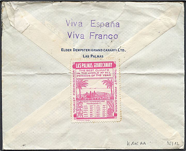 10 cts. (5) på brev fra Las Palmas annulleret med britisk skibsstempel Plymouth / Paquebot posted at sea d. 8.3.1937 til London, England. Propaganda stempler Viva Espana og Viva Franco. Fold.