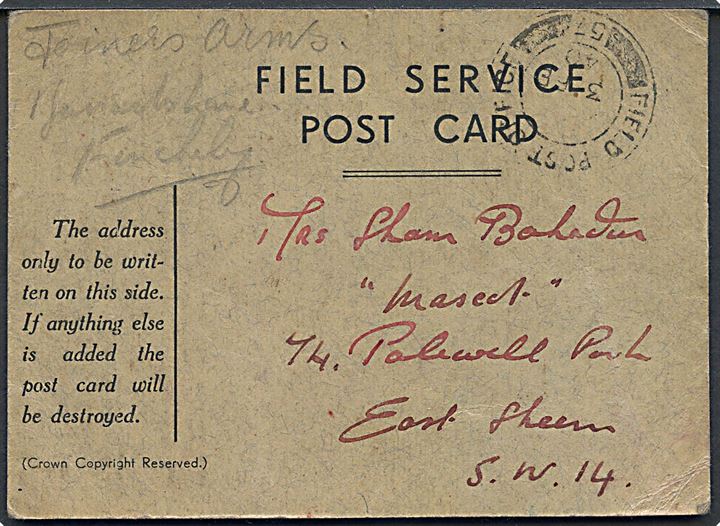 Ufrankeret fortrykt Field Service Post Card stemplet Field Post Office 57 d. 3.2.1940 til London. Stemplet benyttet ved de britiske ekspeditionsstyrker i Frankrig og gik tabt under evakueringen ved Dunkirk i maj 1940.