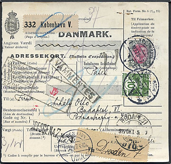 10 øre Bølgelinie og 2 kr. Chr. X på internationalt adressekort for pakke fra København d. 1.10.1927 via Berlin til Budapest, Ungarn.