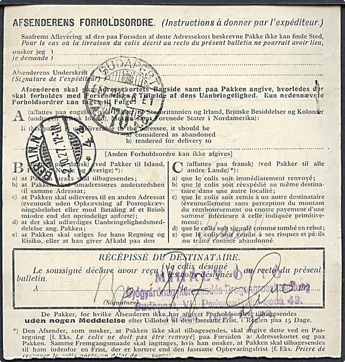 10 øre Bølgelinie og 2 kr. Chr. X på internationalt adressekort for pakke fra København d. 1.10.1927 via Berlin til Budapest, Ungarn.