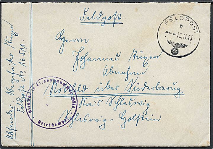 Ufrankeret feltpostbrev stemplet Feldpost h d. 15.11.1943 til Notfeld pr. Süderbrarup, Schleswig. Sendt fra soldat ved feldpost nr. 16511 (= Hafenkommandant Hirtshals). Violet briefstempel og fuldt indhold.
