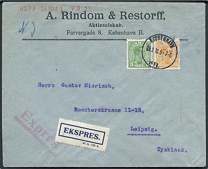 5 øre og 35 øre Chr. X med perfin A.R.R. på firmakuvert fra A. Rindom & Restorff sendt pr. ekspres fra Kjøbenhavn d. 28.2.1916 til Leipzig, Tyskland.