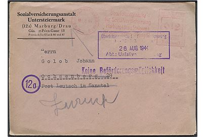 12 pfg. firmafranko frankeret brev fra Marburg/Drau (Maribor) d. 3.8.1944 til Ochsenberg (Podvolovljek). Returneret med stempel Keine Beförderungsmöglichkeit. Interessant lokalbrev fra det tysk indlemmede jugoslaviske grænseområde Chef der Zivilverwaltung (CdZ) Untersteiermark. Postforhold i området blev i 1944 forstyrret af Tito's jugoslaviske partisaner.
