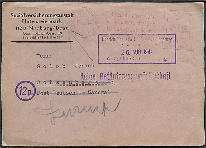 12 pfg. firmafranko frankeret brev fra Marburg/Drau (Maribor) d. 3.8.1944 til Ochsenberg (Podvolovljek). Returneret med stempel Keine Beförderungsmöglichkeit. Interessant lokalbrev fra det tysk indlemmede jugoslaviske grænseområde Chef der Zivilverwaltung (CdZ) Untersteiermark. Postforhold i området blev i 1944 forstyrret af Tito's jugoslaviske partisaner.