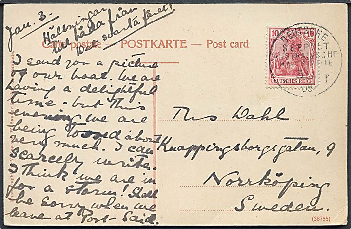10 pfg. Germania på brevkort (NDL damper S/S Gr. Kurfürst) fra Port Said annulleret med skibsstempel Deutsche Seepost Australische Hauptlinie f d. 3.1.1908 til Norrköping, Sberige.