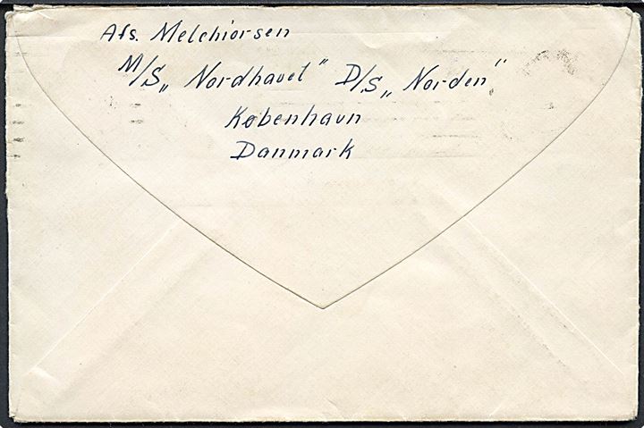 50 cts. på brev fra Barcelona d. 18.6.1935 til København. Sendt fra sømand ombord på M/S Nordhavet fra rederiet Norden.