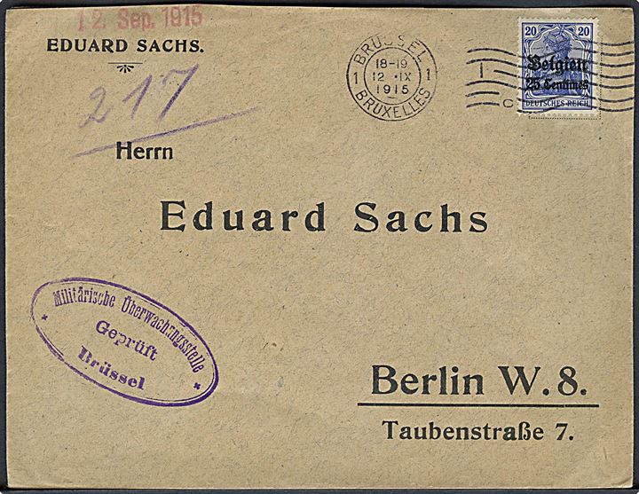 Tysk post i Belgien. 25 cts./20 pfg. Belgien provisorium single på brev fra Brüssel d. 12.9.1915 til Berlin, Tyskland. Tysk censur fra Brüssel.