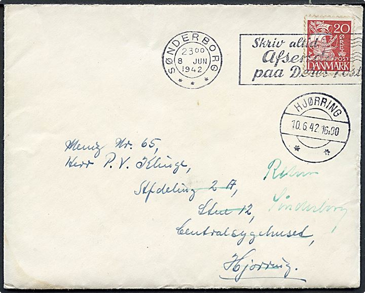 20 øre Karavel på brev fra soldat i Sønderborg d. 8.6.1942 til soldaterkammerat på sygehus i Hjørring. Returneret. Langt indhold vedr. soldater oplevelser under besættelsen.