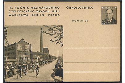 30 h. illustreret helsagsbrevkort cykelløb IX Fredskørsel Warszawa-Berlin-Prag no. 7. Ubrugt.