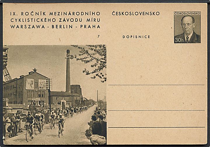 30 h. illustreret helsagsbrevkort cykelløb IX Fredskørsel Warszawa-Berlin-Prag no. 7. Ubrugt.