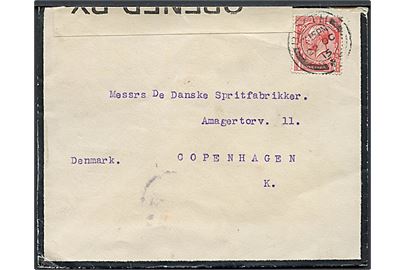 1d George V på sørgekuvert fra Blyth d. 22.10.1915 til København, Danmark. Åbnet af britisk censur no. 106