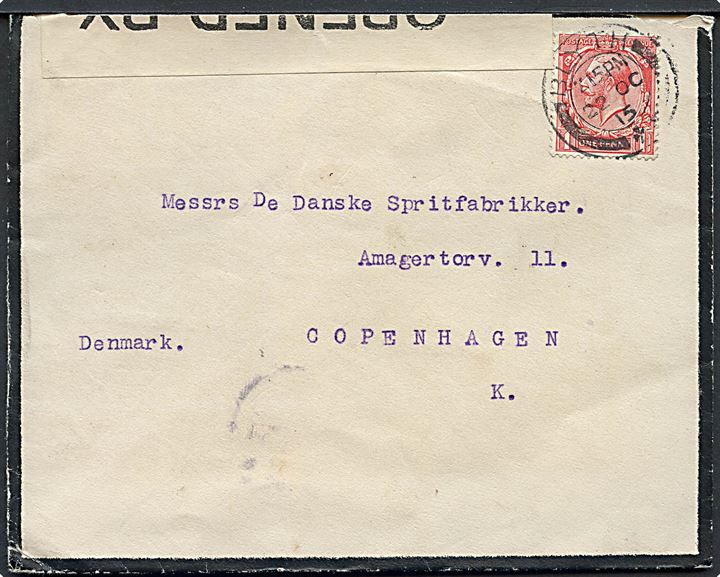 1d George V på sørgekuvert fra Blyth d. 22.10.1915 til København, Danmark. Åbnet af britisk censur no. 106