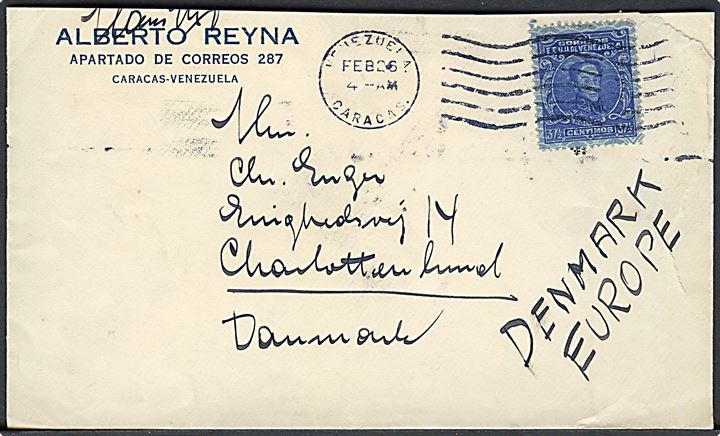 37½ c. single på brev fra Caracas d. 26.2.19xx til Charlottenlund, Danmark.