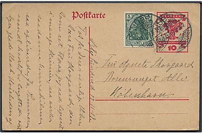 10 pfg. Weimar helsagsbrevkort opfrankeret med 5 pfg. Germania stemplet Nübel (Kr. Sonderburg) d. 20.11.1919 til København, Danmark.