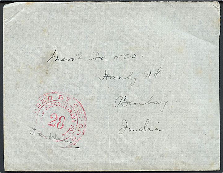 Ufrankeret feltpostbrev med indisk feltpost stempel F.P.O. 66 d. 7.5.1915 (= Port Tewfik, Egypten) til Bombay, Indien. Rødt censurstempel: Passed by Censor / Indian Expeditionary Force / 28. 
