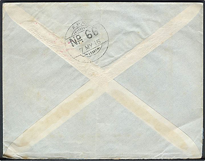Ufrankeret feltpostbrev med indisk feltpost stempel F.P.O. 66 d. 7.5.1915 (= Port Tewfik, Egypten) til Bombay, Indien. Rødt censurstempel: Passed by Censor / Indian Expeditionary Force / 28. 