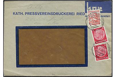 Østrigsk 3 gr. og tysk 12 pfg. Hindenburg (2) på blandingsfrankeret rudekuvert fra Anschluss-perioden stemplet Ried im Innkreis d. 26.5.1938.