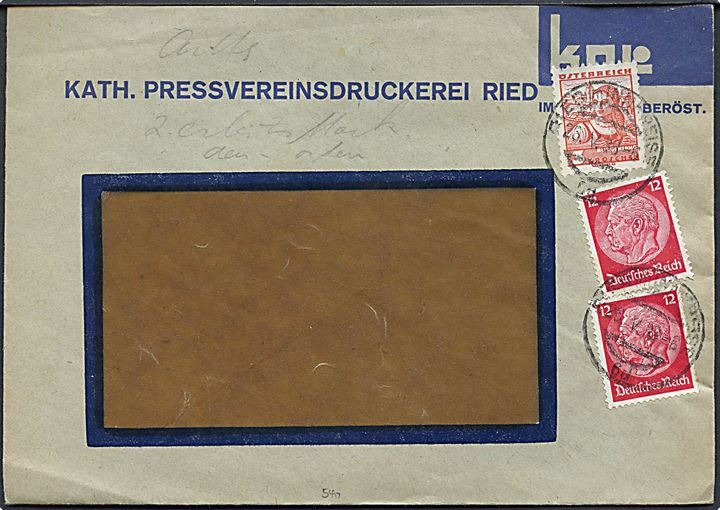 Østrigsk 3 gr. og tysk 12 pfg. Hindenburg (2) på blandingsfrankeret rudekuvert fra Anschluss-perioden stemplet Ried im Innkreis d. 26.5.1938.
