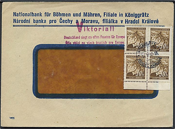 Böhmen-Mähren. 30 h. i fireblok på rudekuvert fra Königgrätz d. 14.7.1942. Rødligt Viktoria!! propagandastempel.