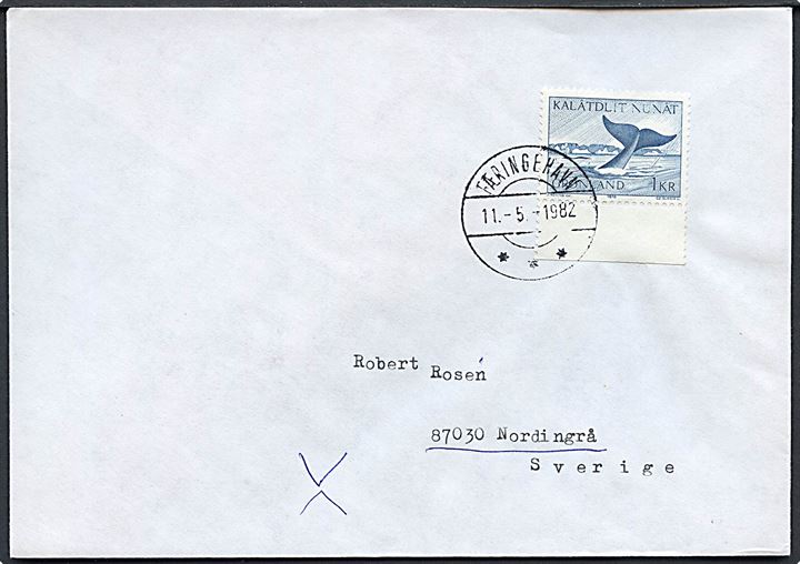 1 kr. Grønlandshval på brev fra Færingehavn d. 11.5.1982 til Nordingrå, Sverige.