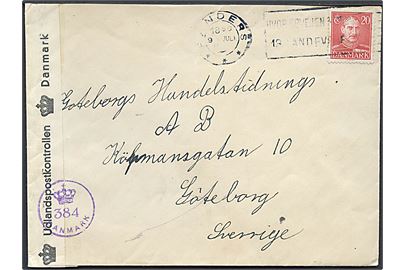 20 øre Chr. X på brev fra Randers d. 9.7.19445 til Göteborg, Sverige. Åbnet af dansk efterkrigscensur (krone)/384/Danmark.