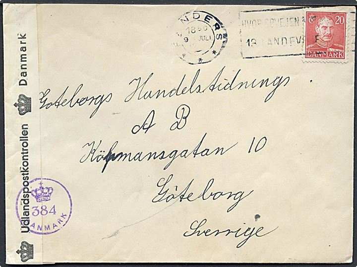 20 øre Chr. X på brev fra Randers d. 9.7.19445 til Göteborg, Sverige. Åbnet af dansk efterkrigscensur (krone)/384/Danmark.