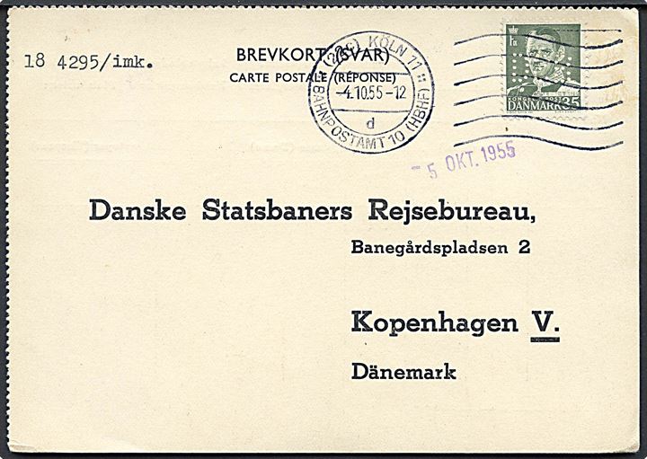 35 øre Fr. IX med perfin DSB på internationalt svarkort annulleret med tysk stempel Köln Bahnpostamt 10 d. 4.10.1955 til Danske Statsbaners Rejsebureau i København, Danmark.