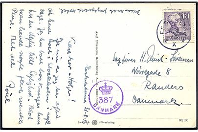 10 öre Gustaf på brevkort fra Eskilstuna d. 31.8.1945 til Randers, Danmark. Dansk efterkrigscensur (krone)/387/Danmark.