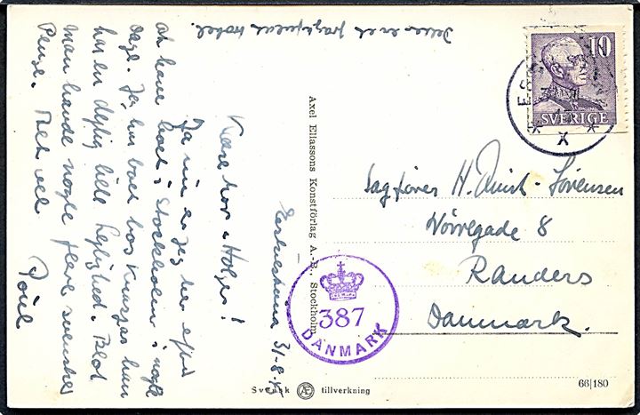 10 öre Gustaf på brevkort fra Eskilstuna d. 31.8.1945 til Randers, Danmark. Dansk efterkrigscensur (krone)/387/Danmark.