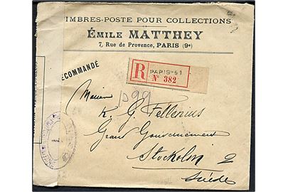 25 c. (2) på bagsiden af anbefalet brev fra Paris d. 17.10.1916 via London til Stockholm, Sverige. Åbnet af fransk censur i Dieppe med censurstempler no. 1 og 13.
