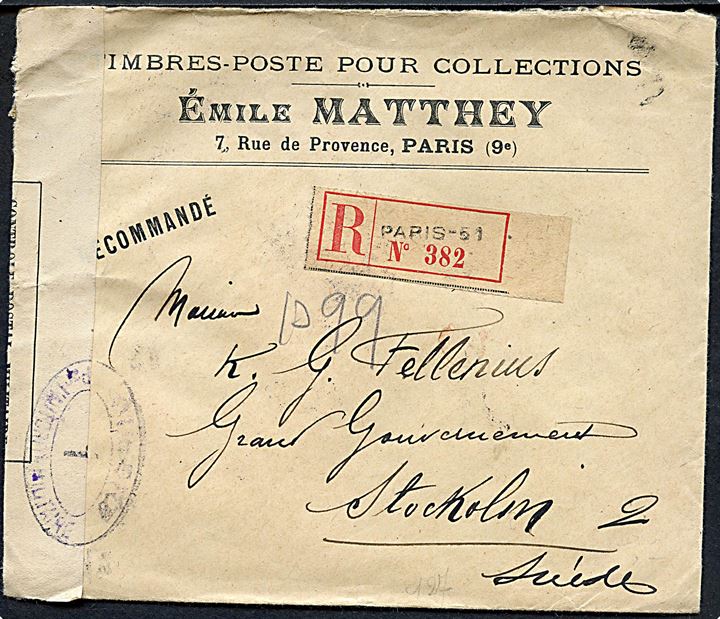25 c. (2) på bagsiden af anbefalet brev fra Paris d. 17.10.1916 via London til Stockholm, Sverige. Åbnet af fransk censur i Dieppe med censurstempler no. 1 og 13.