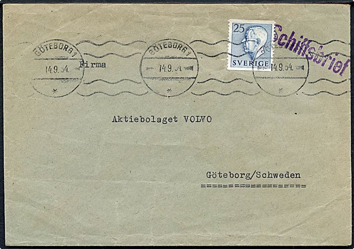 Fortrykt kuvert fra Hamburg med liniestempel Schiffsbrief opfrankeret med svensk 25 öre Gustaf stemplet Göteborg d. 14.9.1954 til Göteborg.