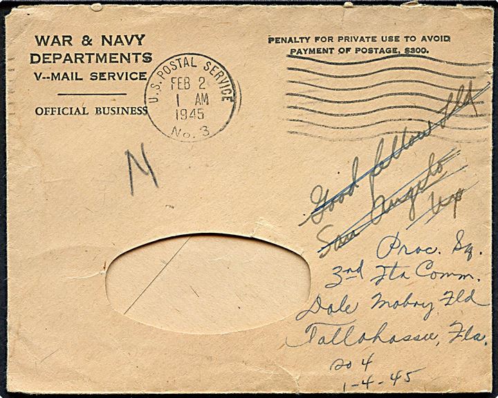 V-mail formular dateret Luxemburg d. 20.1.1945 fra soldat ved 93rd Signal Batallion APO 312 (= Dudelange, Luxemburg) til officer på More Field, Texas - kuverteret i USA d. 2.2.1945 og eftersendt til først Good Fellow Field, San Angelo og siden Dale Mabry Field, Tallahassee.