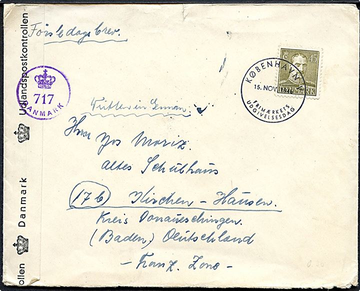 45 øre Chr. X single på FDC fra København d. 15.11.1946 til Kirchen-Hausen, Tyskland. Åbnet af dansk efterkrigscensur (krone)/717/Danmark.