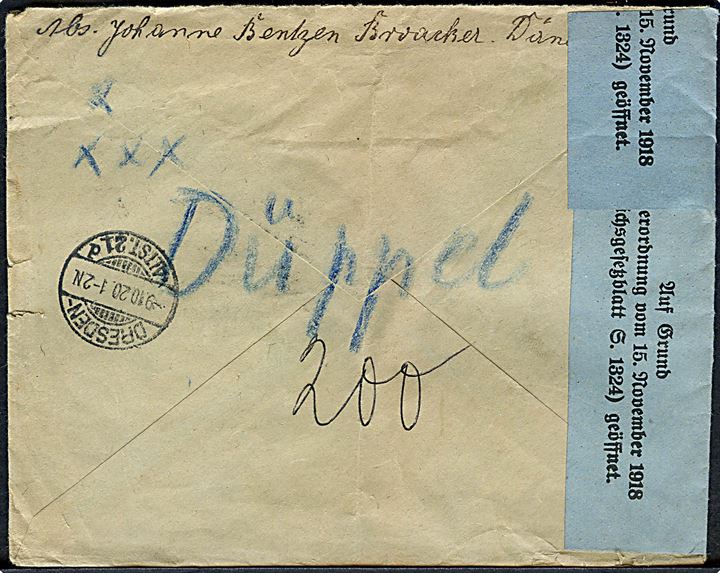 20 øre Chr. X (4) på anbefalet brev annulleret med brotype IVb Broager sn1 d. 6.10.1920 til Dresden, Tyskland. Åbnet af tysk valutakontrol. Folder.