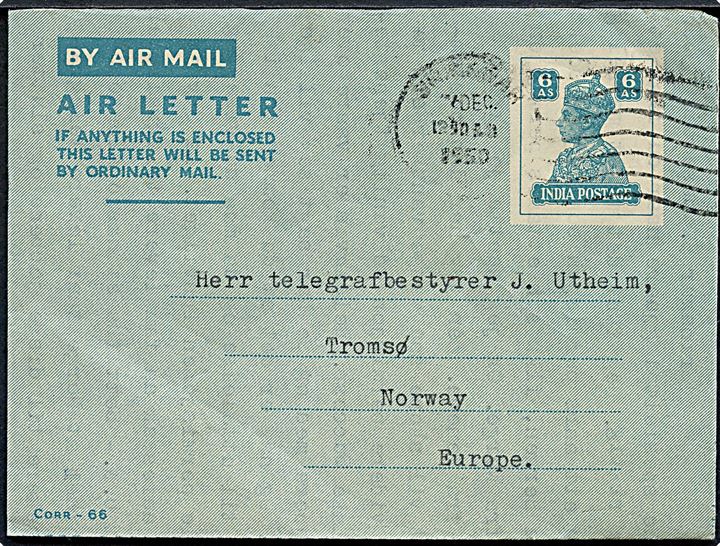 6 as. George VI helsags aerogram stemplet Srinagar d. 6.12.1950 til Tromsø, Norge. Sendt fra norsk FN-ansat (telegrafist) ved observatørmissionen i Kashmir UNMOGIP. Sjælden fra norsk deltager.
