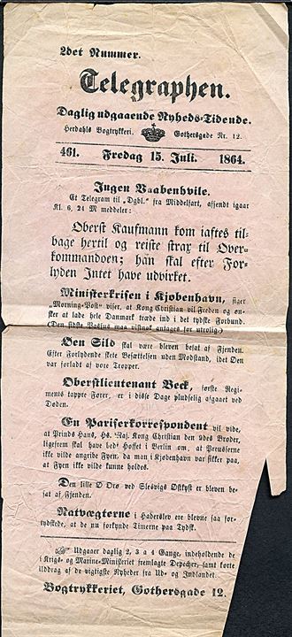 Telegraphen, Daglig udgående Nyhedstidende d. 15.7.1864 med nyheder fra krigen. Sjælden.