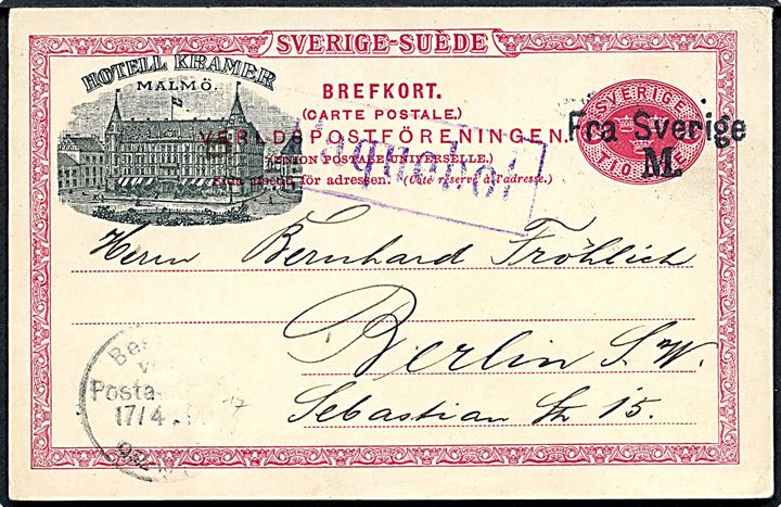 10 öre illustreret helsagsbrevkort med reklame for Hotel Kramer, Malmö d. 15.4.1896 annulleret med skibsstempel Fra Sverige M. og sidestemplet Paquebot til Brelin, Tyskland.
