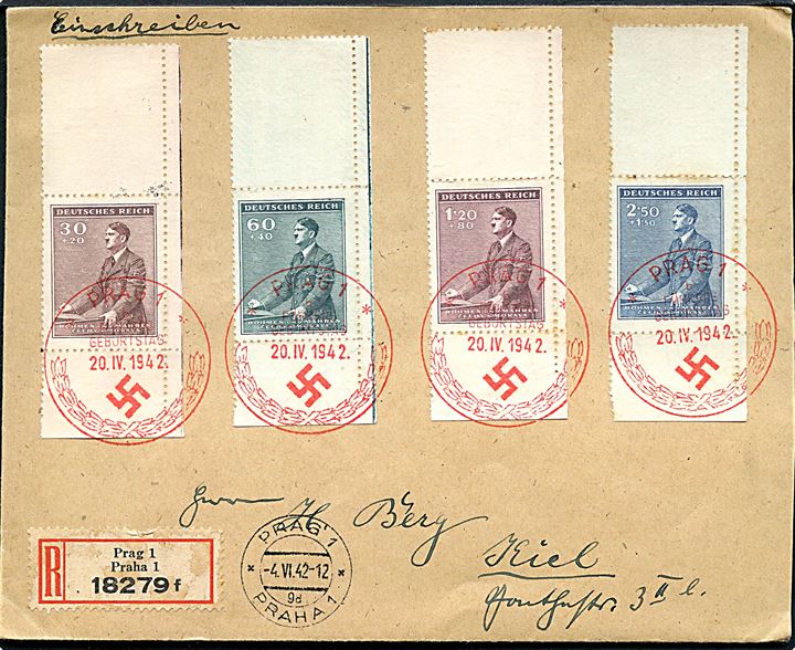 Böhmen-Mähren. Komplet sæt Hitler 53 år med vedhæng på anbefalet brev annulleret med rødt særstempel i Prag d. 20.4.1942 til Kiel.