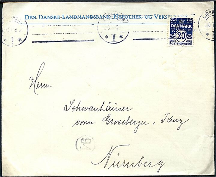 20 øre Bølgelinie sortblå med perfin LB på fortrykt kuvert fra Den danske Landmandsbank, Hypotek- og Vekselbank i Kjøbenhavn d. 23.10.191? til Nürnberg, Tyskland.
