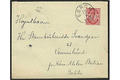 10 øre Våbentype på brev annulleret med lapidar stempel Esrom d. 22.12.1905 til Nr. Alslev.