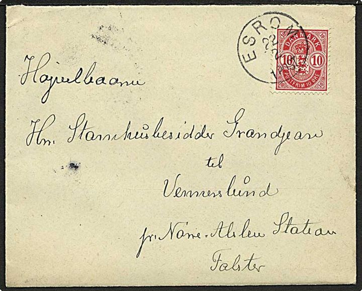 10 øre Våbentype på brev annulleret med lapidar stempel Esrom d. 22.12.1905 til Nr. Alslev.