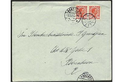 10 øre Chr. X i parstykke (ene mærke med mgl. hjørne) på brev annulleret med stjernestempel TILLITZE og sidestemplet Nakskov d. 3.3.1921 til København.