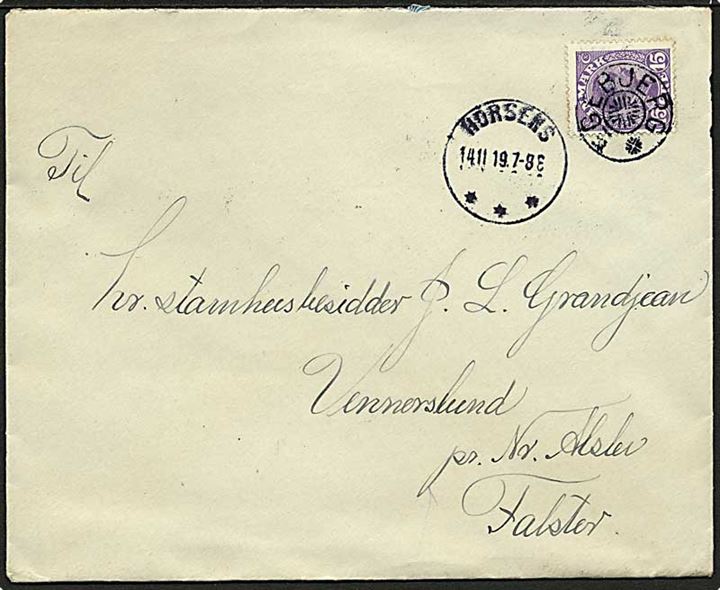 15 øre Chr. X på brev annulleret med stjernestempel EGEBJERG og sidestemplet Horsens d. 14.11.1919 til Nr. Alslev.