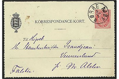 8 øre helsagskorrespondancekort annulleret med lapidar stempel Nørre Aaby d. 5.2.1900 til Nr. Alslev. Meget sen anvendelse - ca. 10 år senere end registreret i Skilling/Daka.
