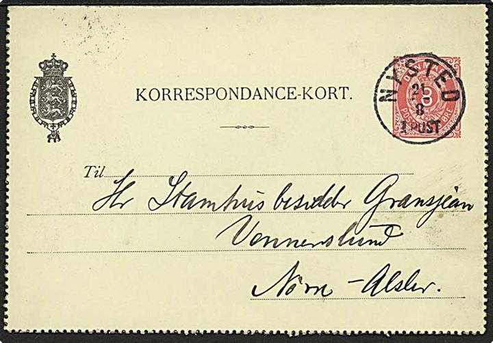 8 øre helsagskorrespondancekort annulleret med lapidar stempel Nysted d. 21.8.1902 til Nr. Alslev.