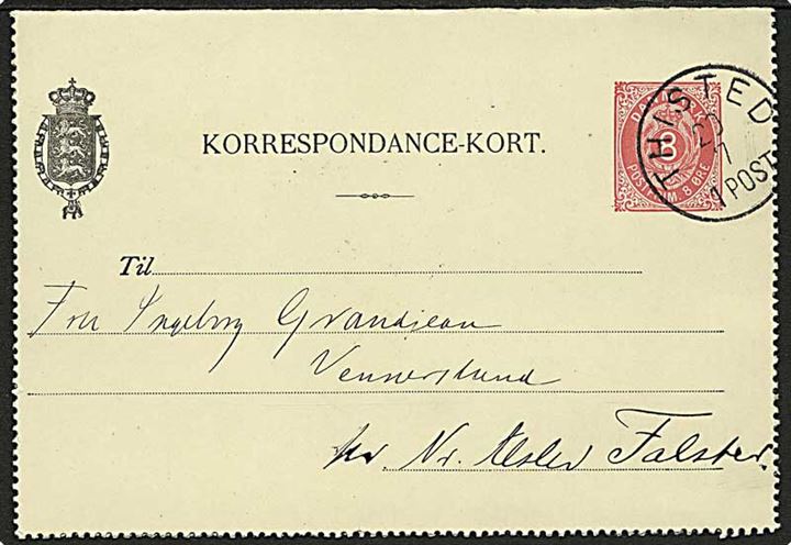 8 øre helsagskorrespondancekort annulleret med lapidar stempel Thisted d. 20.7.1896 til Nr. Alslev.