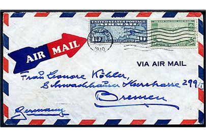 10 cents Luftpost og 20 cents Pacific Clipper på luftpostbrev fra Teaneck d. 23.12.1940 til Bremen, Tyskland. Åbnet af tysk censur i München.
