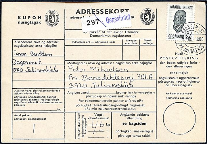 9 kr. Maske single på adressekort for pakke annulleret med pr.-stempel Qagssimiut pr. Julianehåb d. 15.12.1980 til Julianehåb.